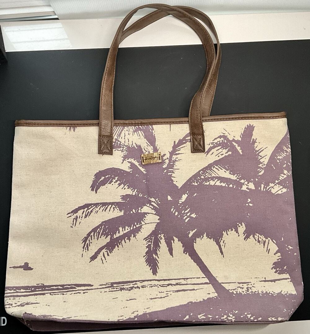Panama Jack Tropical Purple/Cream Palm Tree Tote Bag Beach/Pool - 14”Lx20”Wx4”D